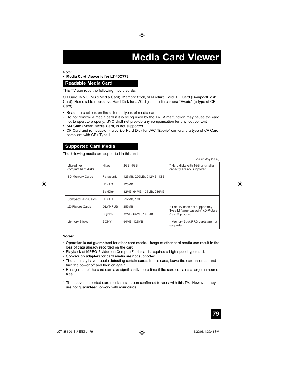 Media card viewer, Readable media card supported card media | JVC 0505TNH-II-IM User Manual | Page 79 / 96