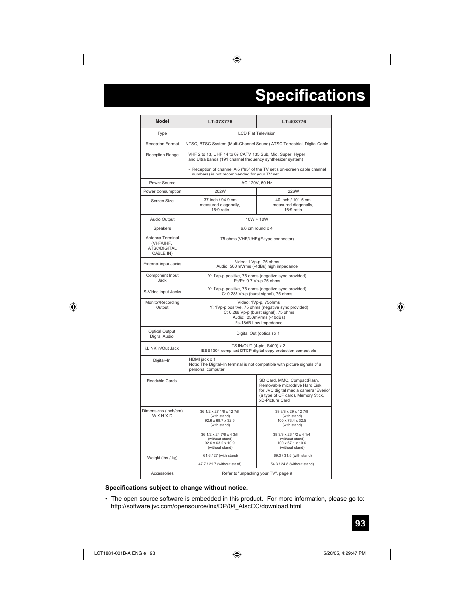 Specifications | JVC 0505TNH-II-IM User Manual | Page 93 / 96