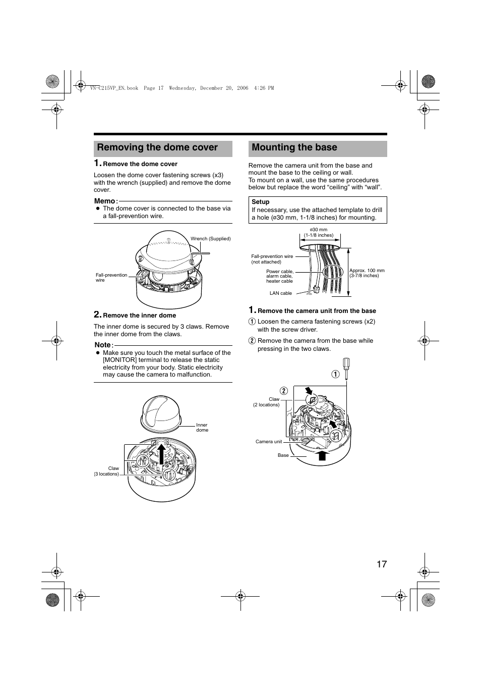 Removing the dome cover, Mounting the base, Removing the dome cover mounting the base | A pg. 17) | JVC VN-C215VP4U User Manual | Page 17 / 48