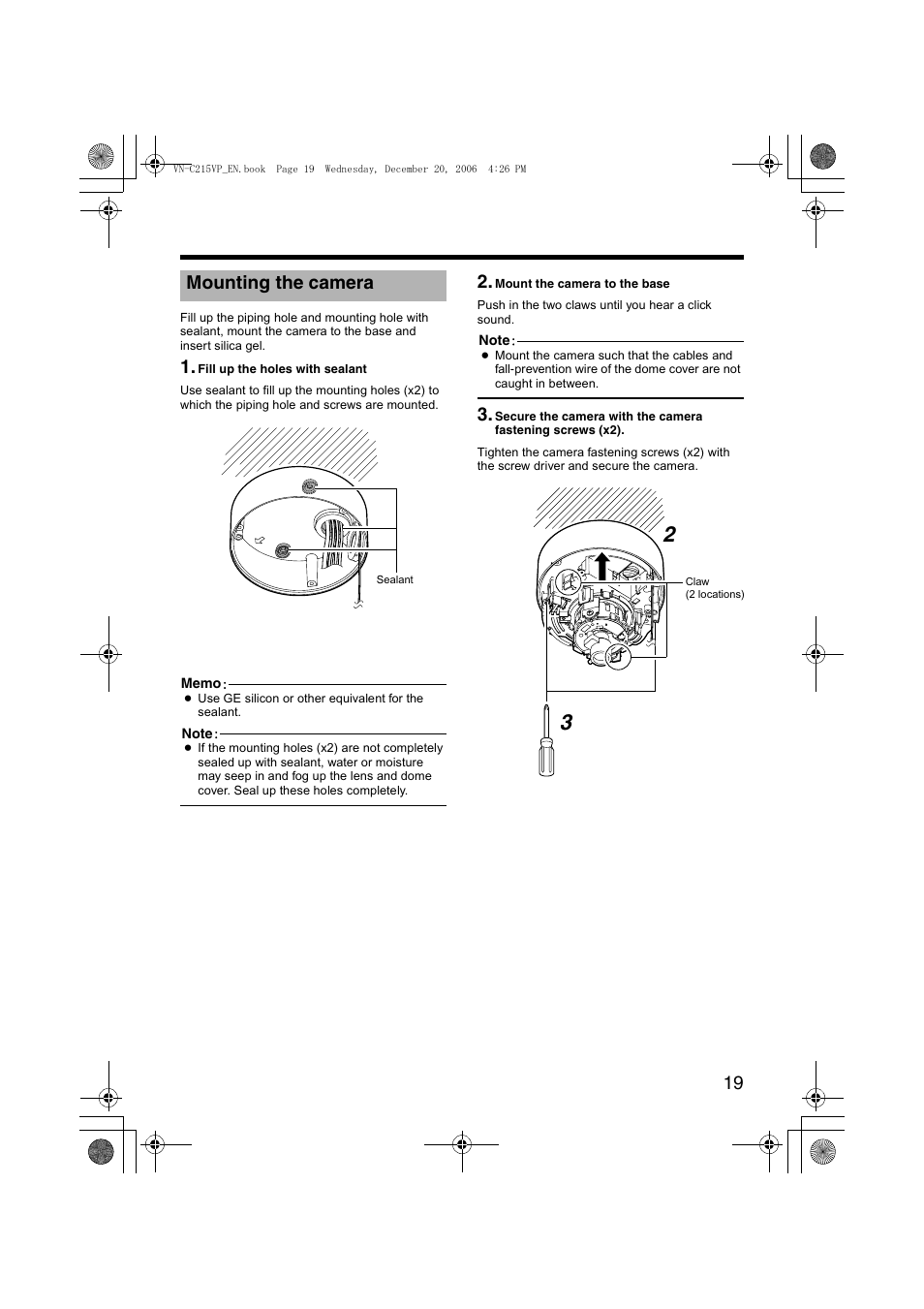 Mounting the camera | JVC VN-C215VP4U User Manual | Page 19 / 48