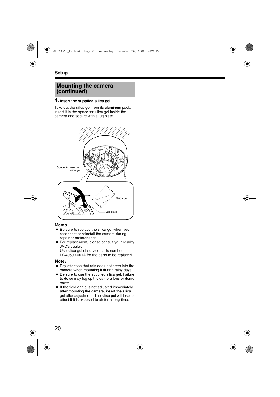 A pg. 20), Mounting the camera (continued) | JVC VN-C215VP4U User Manual | Page 20 / 48
