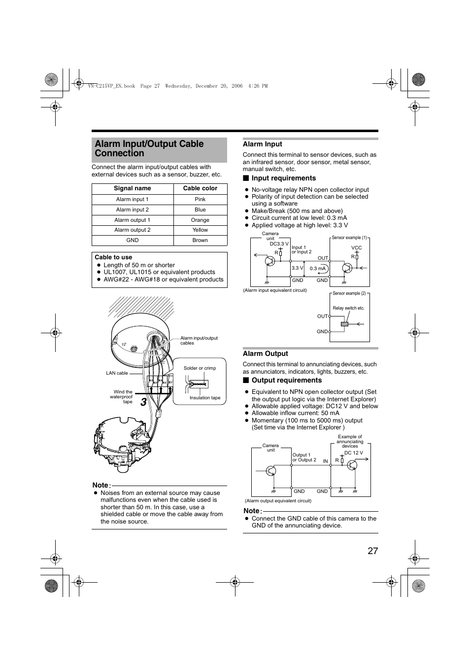 Alarm input/output cable connection, Alarm input/output, Cable connection | A pg. 27), 26)( a pg. 27) | JVC VN-C215VP4U User Manual | Page 27 / 48