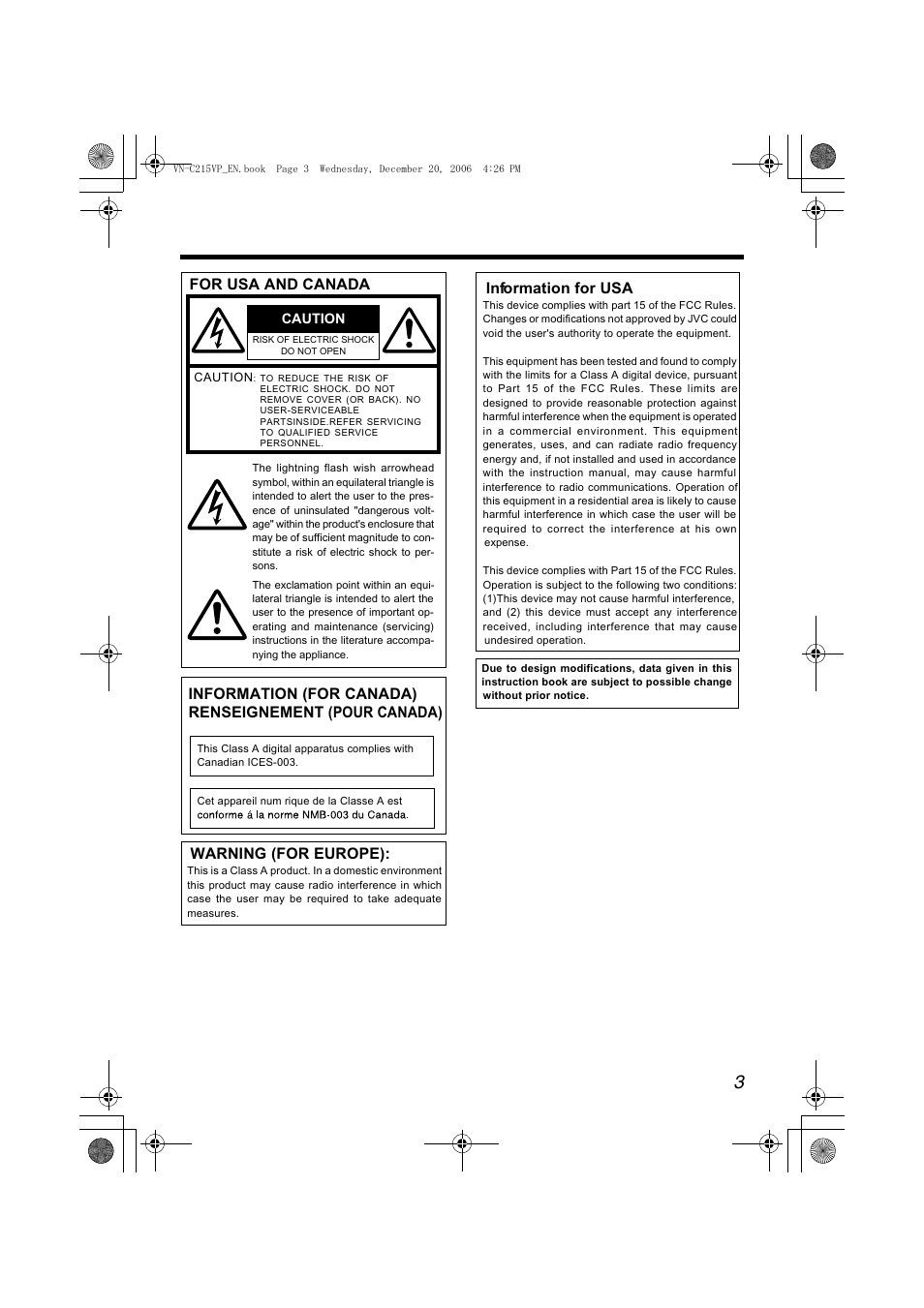 Information for usa, For usa and canada, Warning (for europe) | JVC VN-C215VP4U User Manual | Page 3 / 48