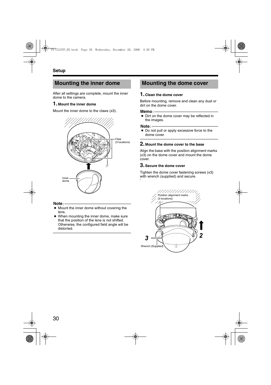 Mounting the inner dome, Mounting the dome cover, Mounting the inner dome mounting the dome cover | A pg. 30), R (a pg. 30), Nner dome (a pg. 30) | JVC VN-C215VP4U User Manual | Page 30 / 48