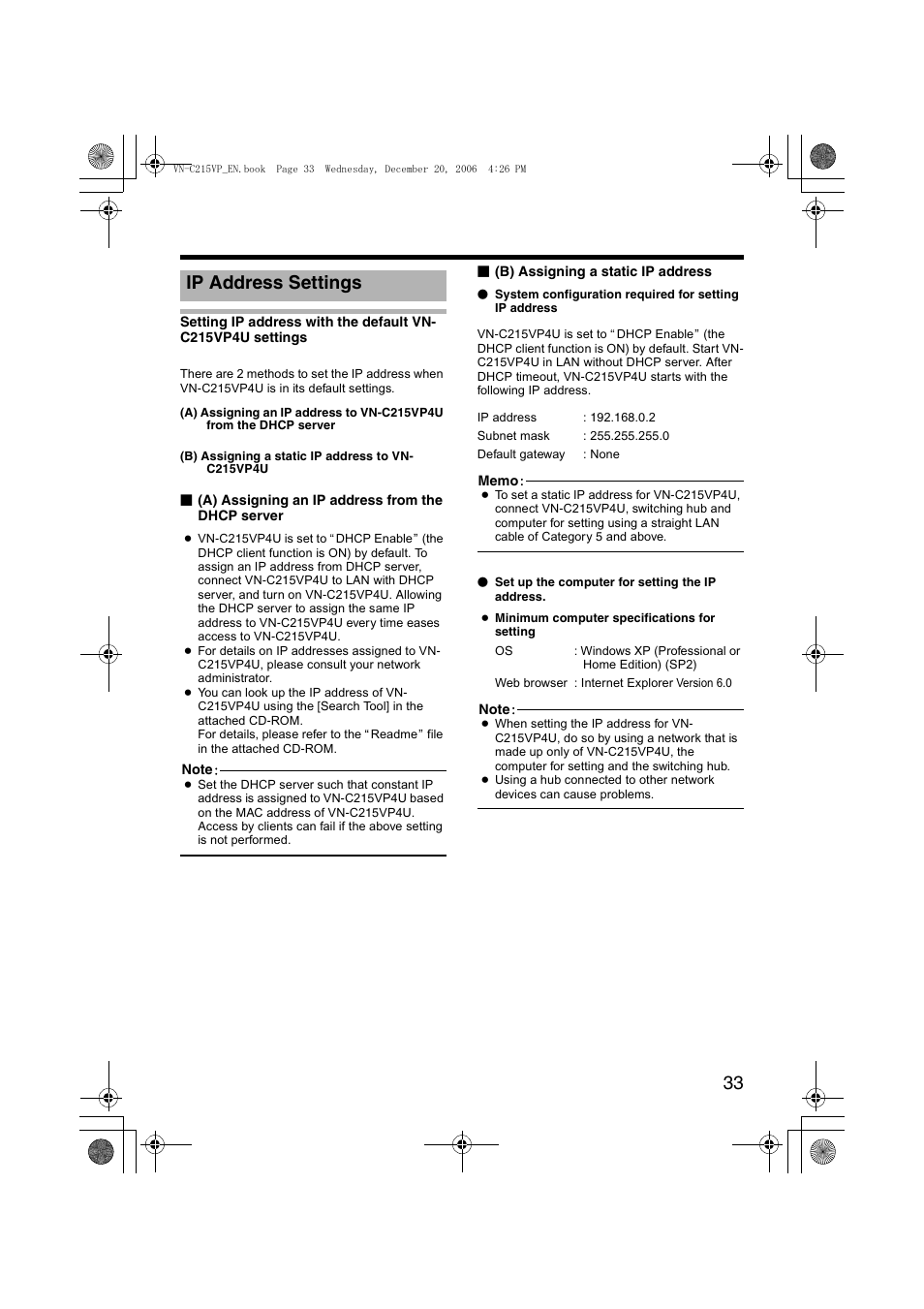 Ip address settings | JVC VN-C215VP4U User Manual | Page 33 / 48