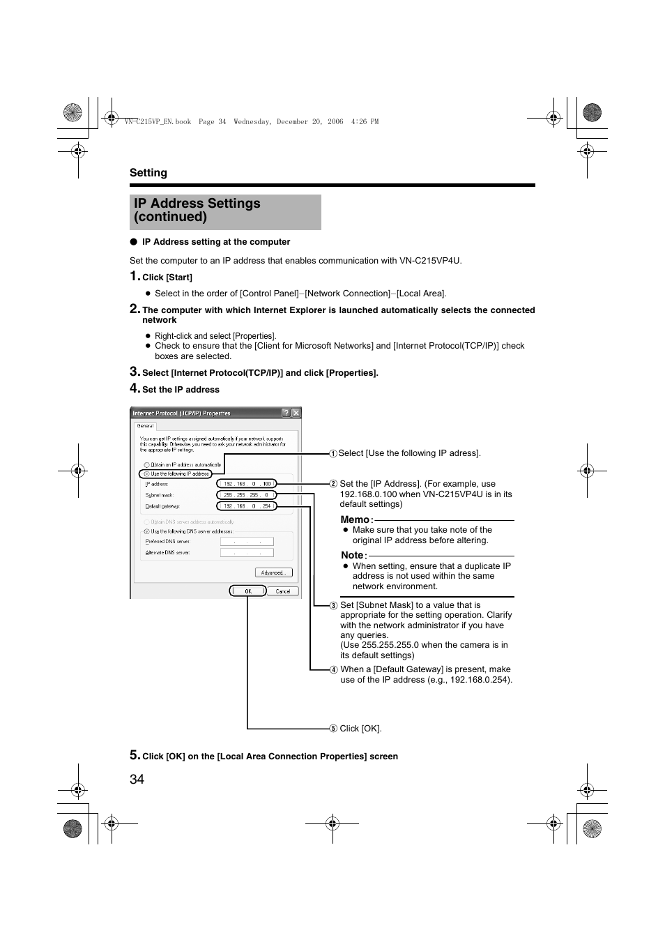 Ip address settings (continued) | JVC VN-C215VP4U User Manual | Page 34 / 48