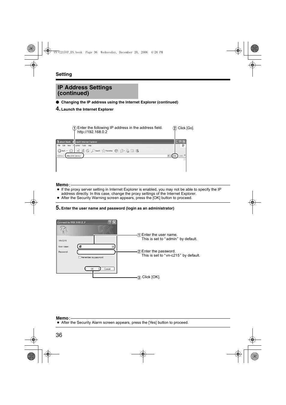 Ip address settings (continued) | JVC VN-C215VP4U User Manual | Page 36 / 48
