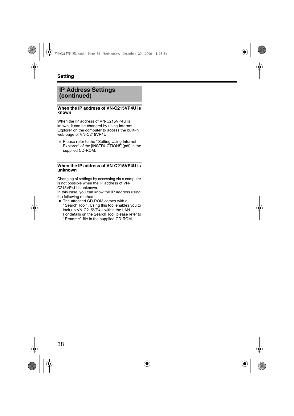 Ip address settings (continued) | JVC VN-C215VP4U User Manual | Page 38 / 48