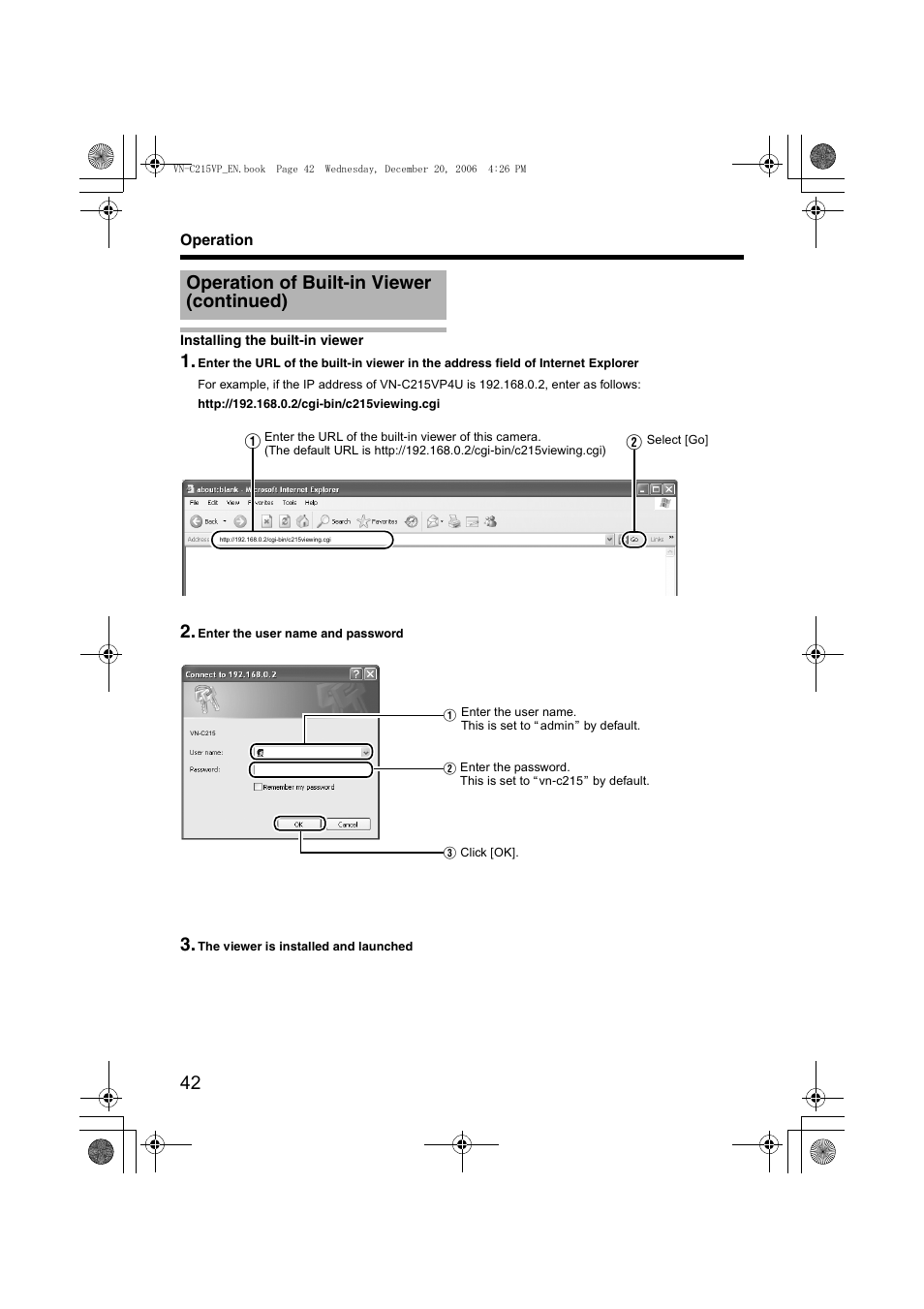 Installing the built-in viewer, A pg. 42), Operation of built-in viewer (continued) | JVC VN-C215VP4U User Manual | Page 42 / 48