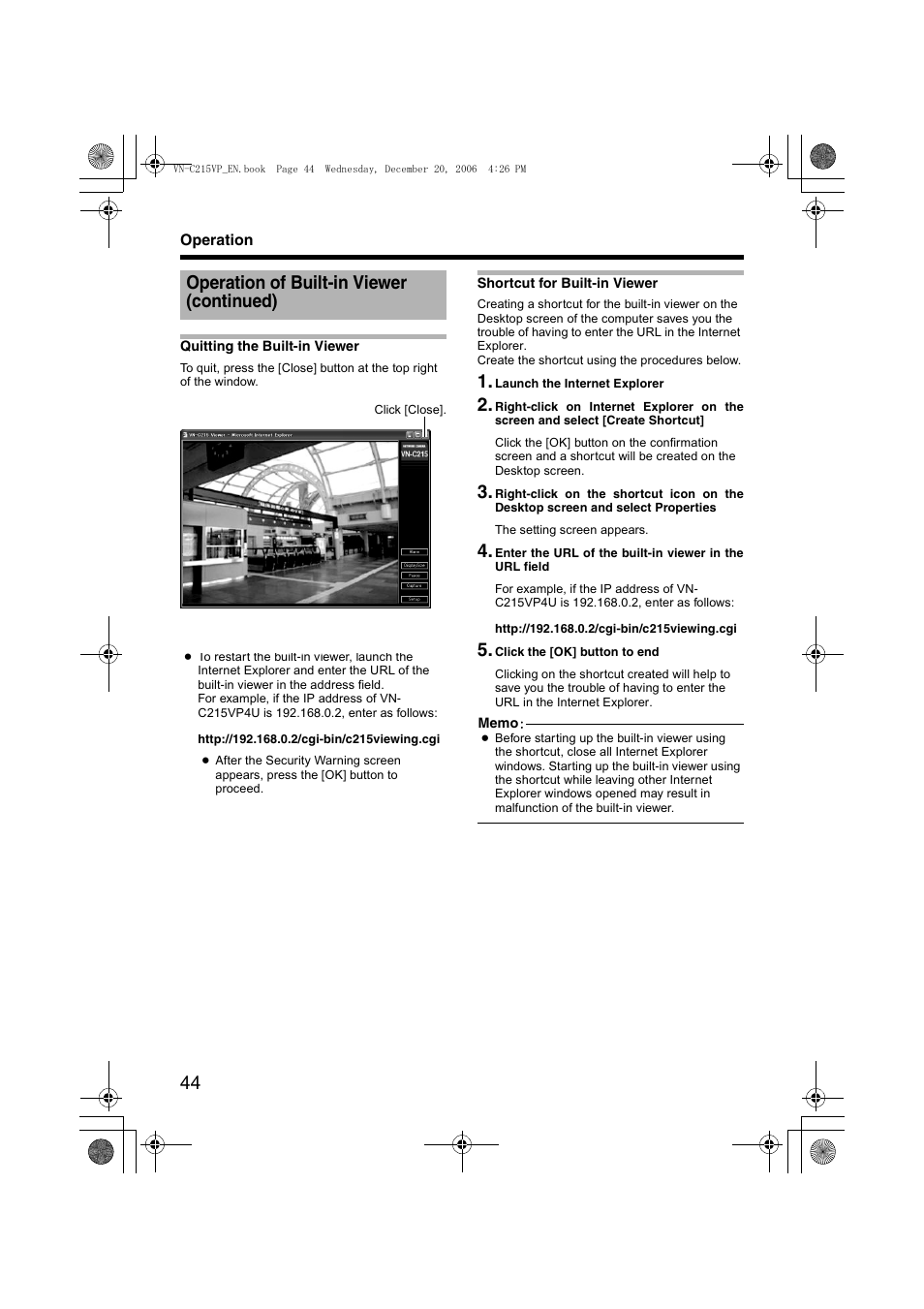 Quitting the built-in viewer, Shortcut for built-in viewer, A pg. 44) | Er (a pg. 44), Operation of built-in viewer (continued) | JVC VN-C215VP4U User Manual | Page 44 / 48