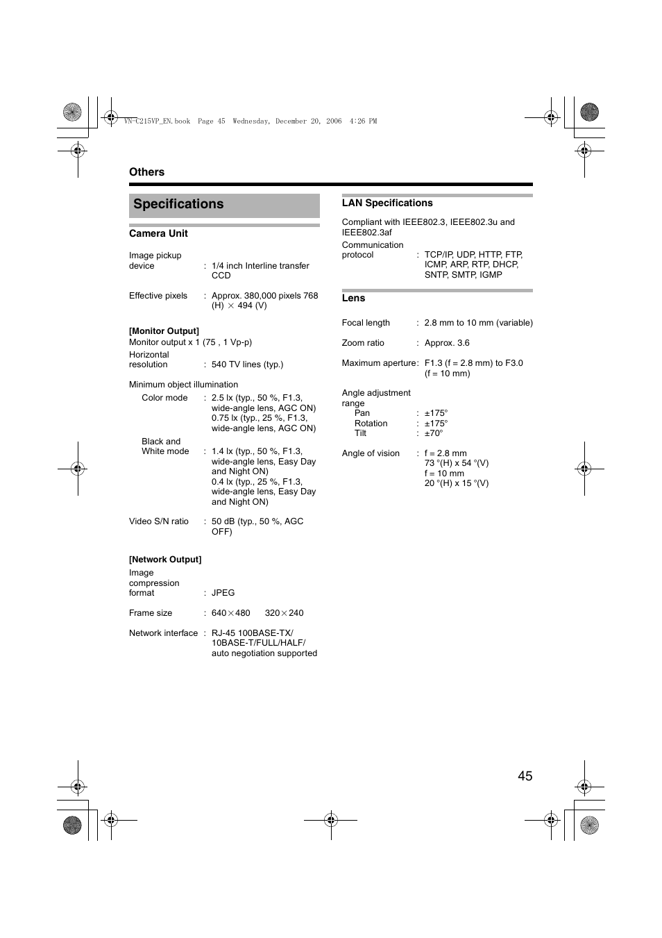 Others, Specifications | JVC VN-C215VP4U User Manual | Page 45 / 48