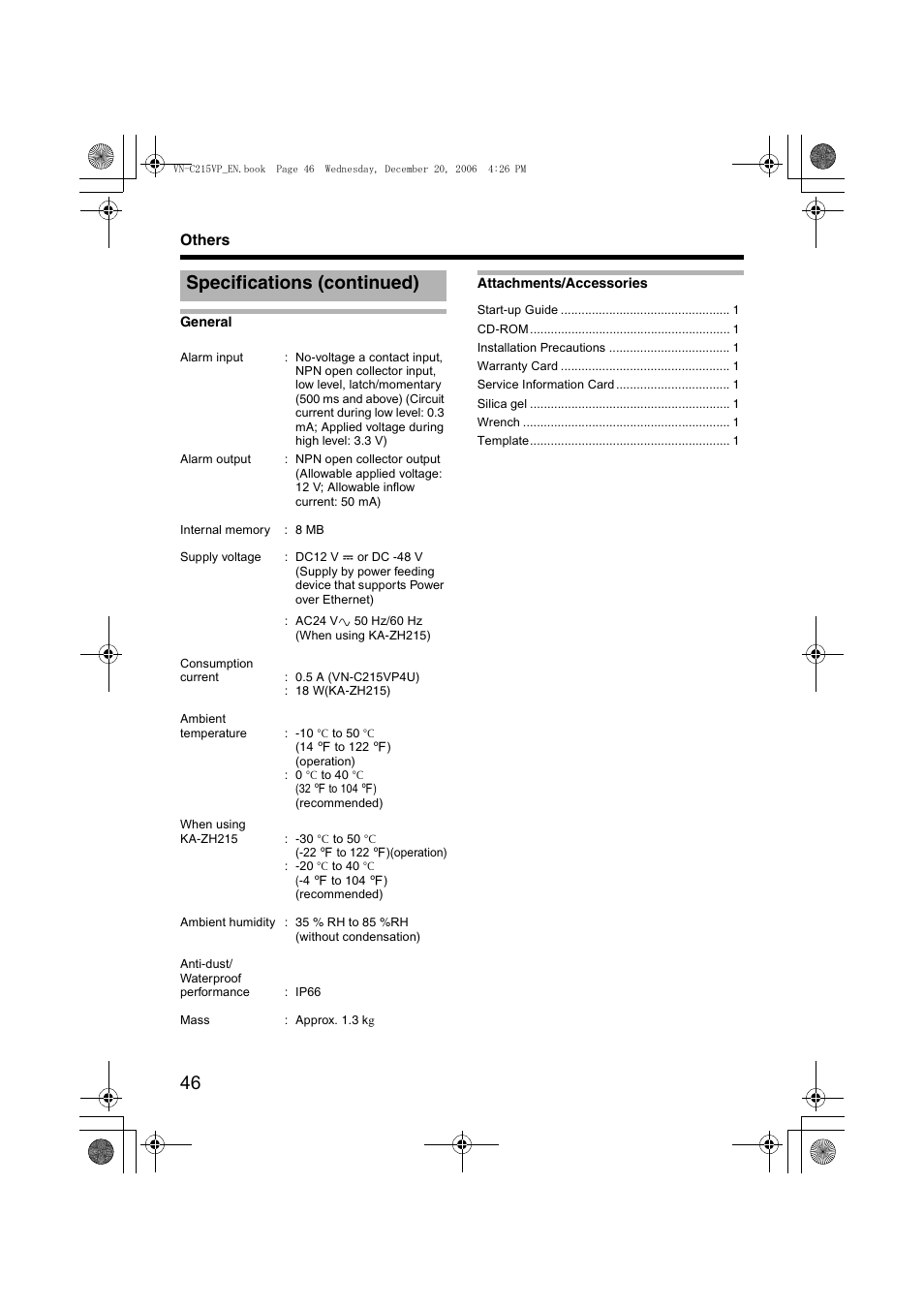 Specifications (continued) | JVC VN-C215VP4U User Manual | Page 46 / 48