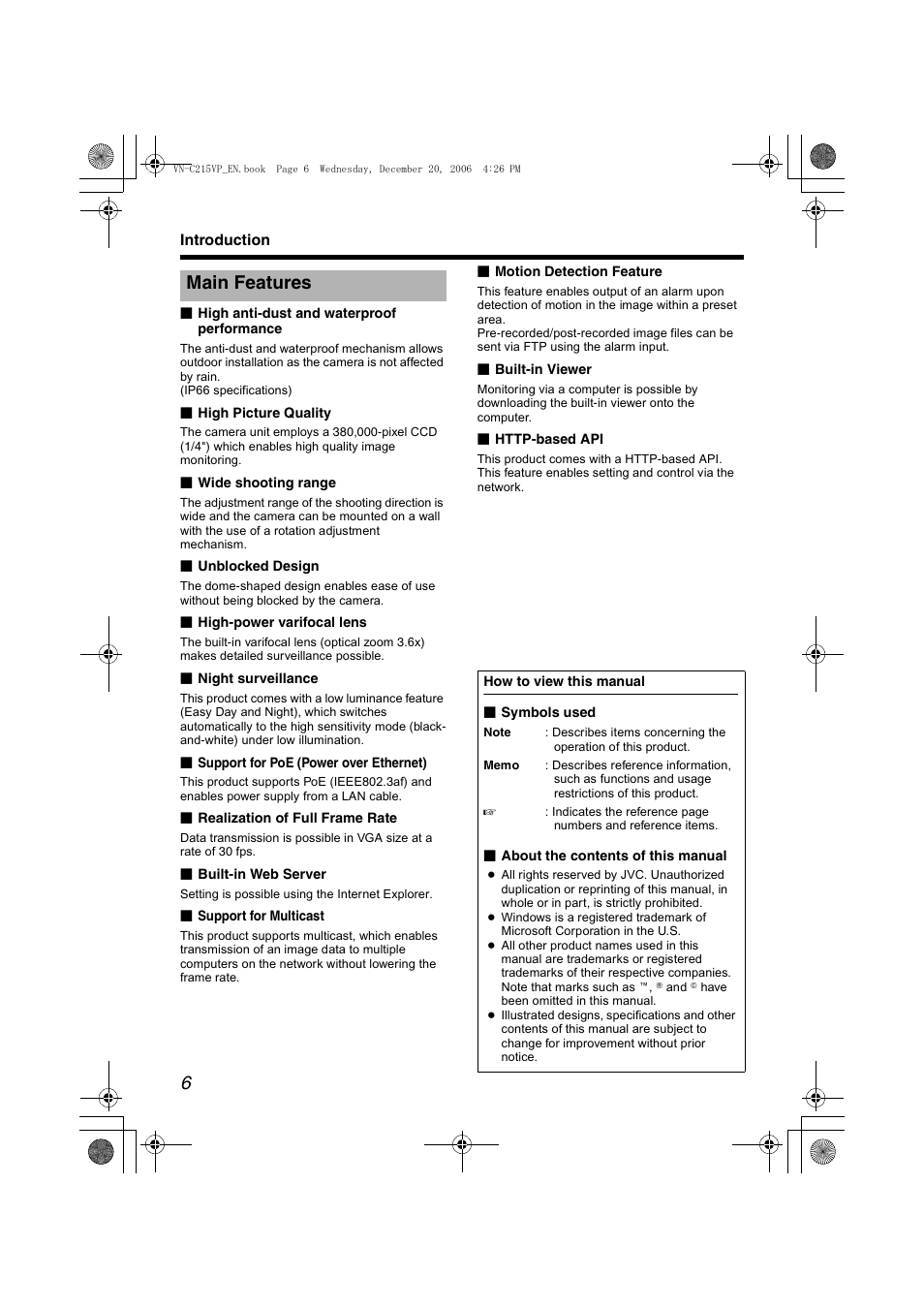 Main features | JVC VN-C215VP4U User Manual | Page 6 / 48