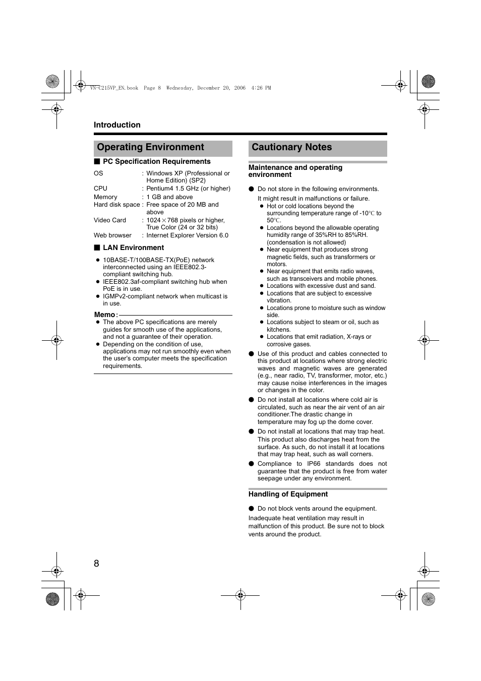 Operating environment, Cautionary notes, Operating environment cautionary notes | JVC VN-C215VP4U User Manual | Page 8 / 48