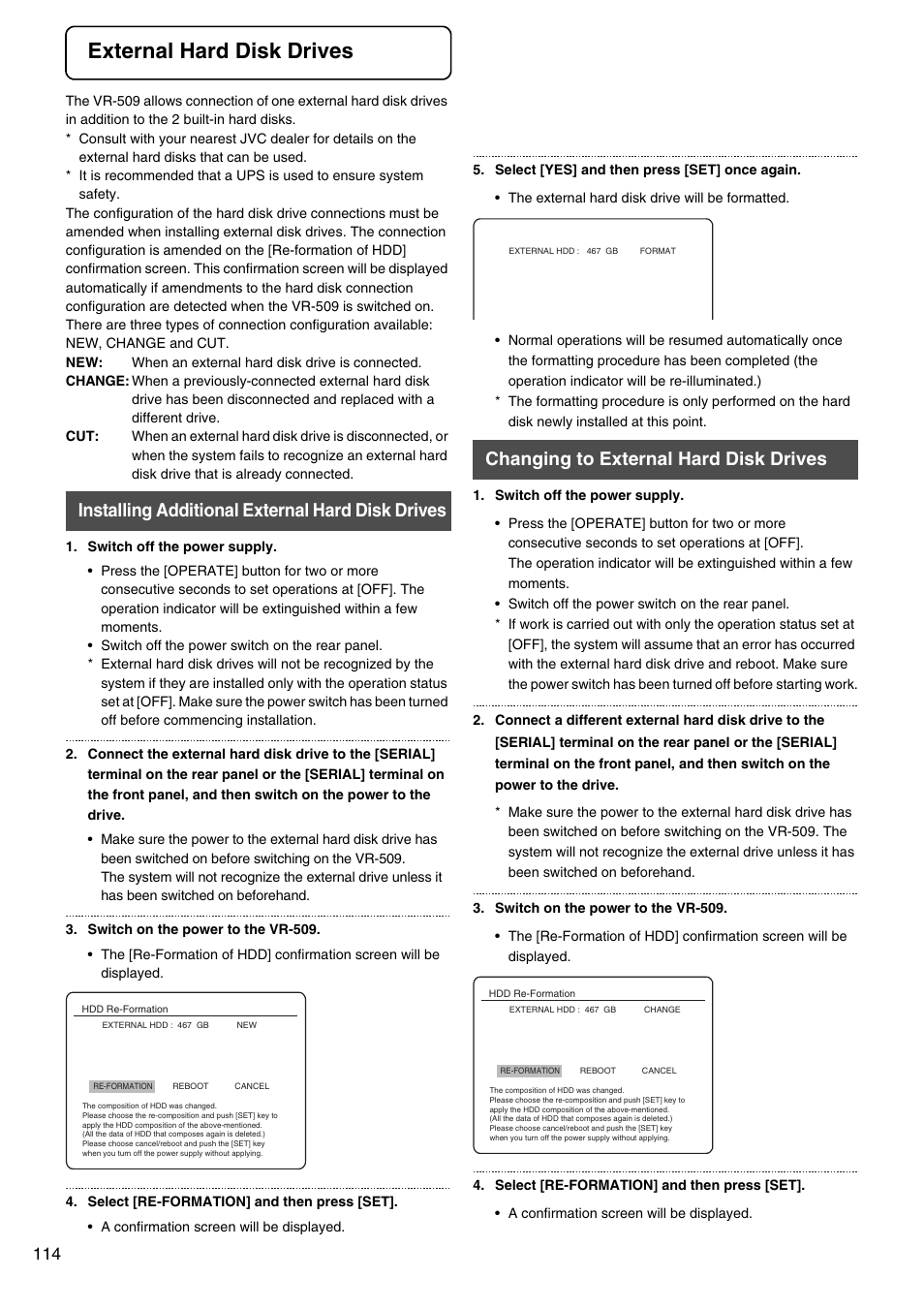 External hard disk drives, Installing additional external hard disk drives, Changing to external hard disk drives | JVC VR-509E User Manual | Page 114 / 128