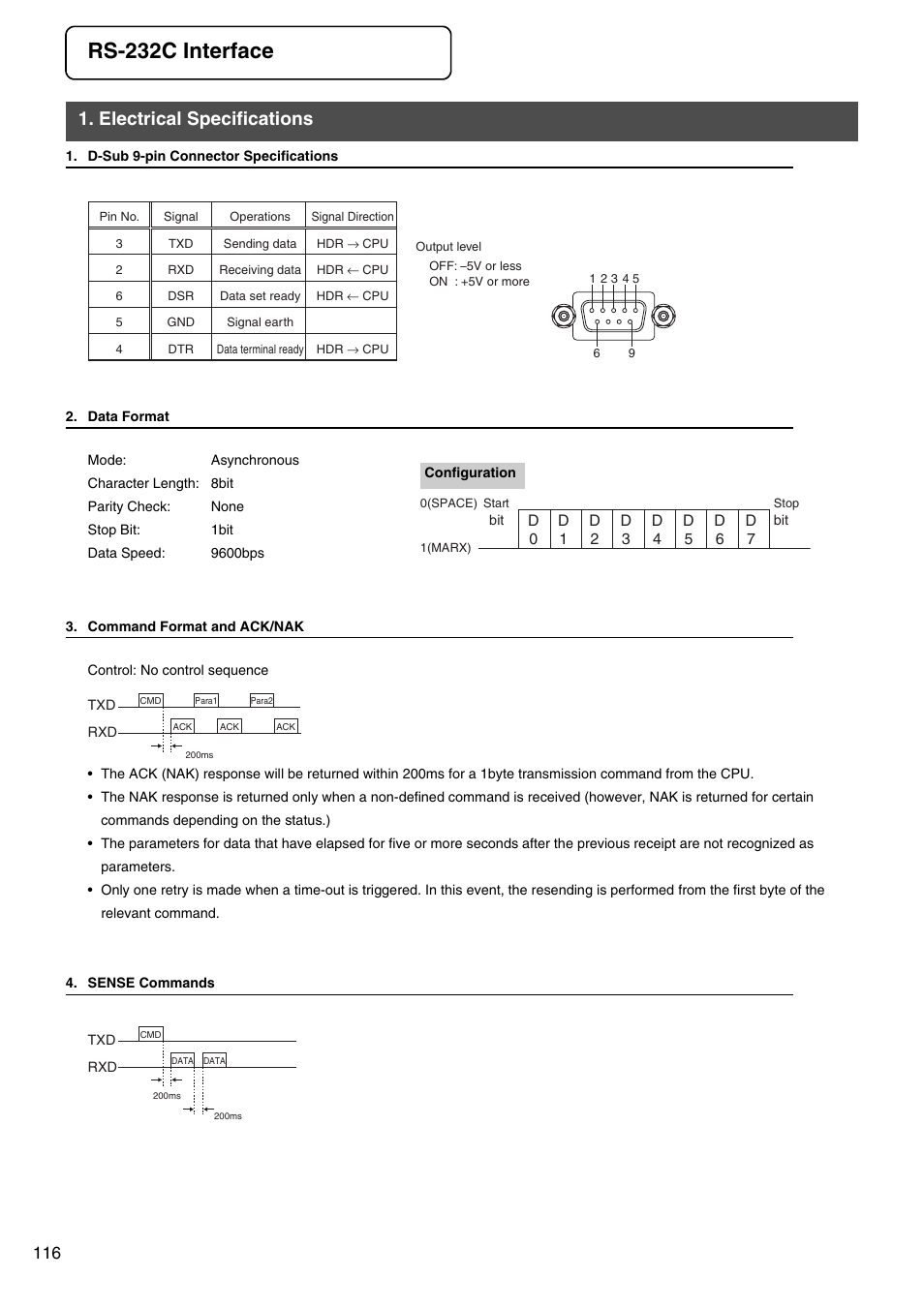 Rs-232c interface, Electrical specifications | JVC VR-509E User Manual | Page 116 / 128