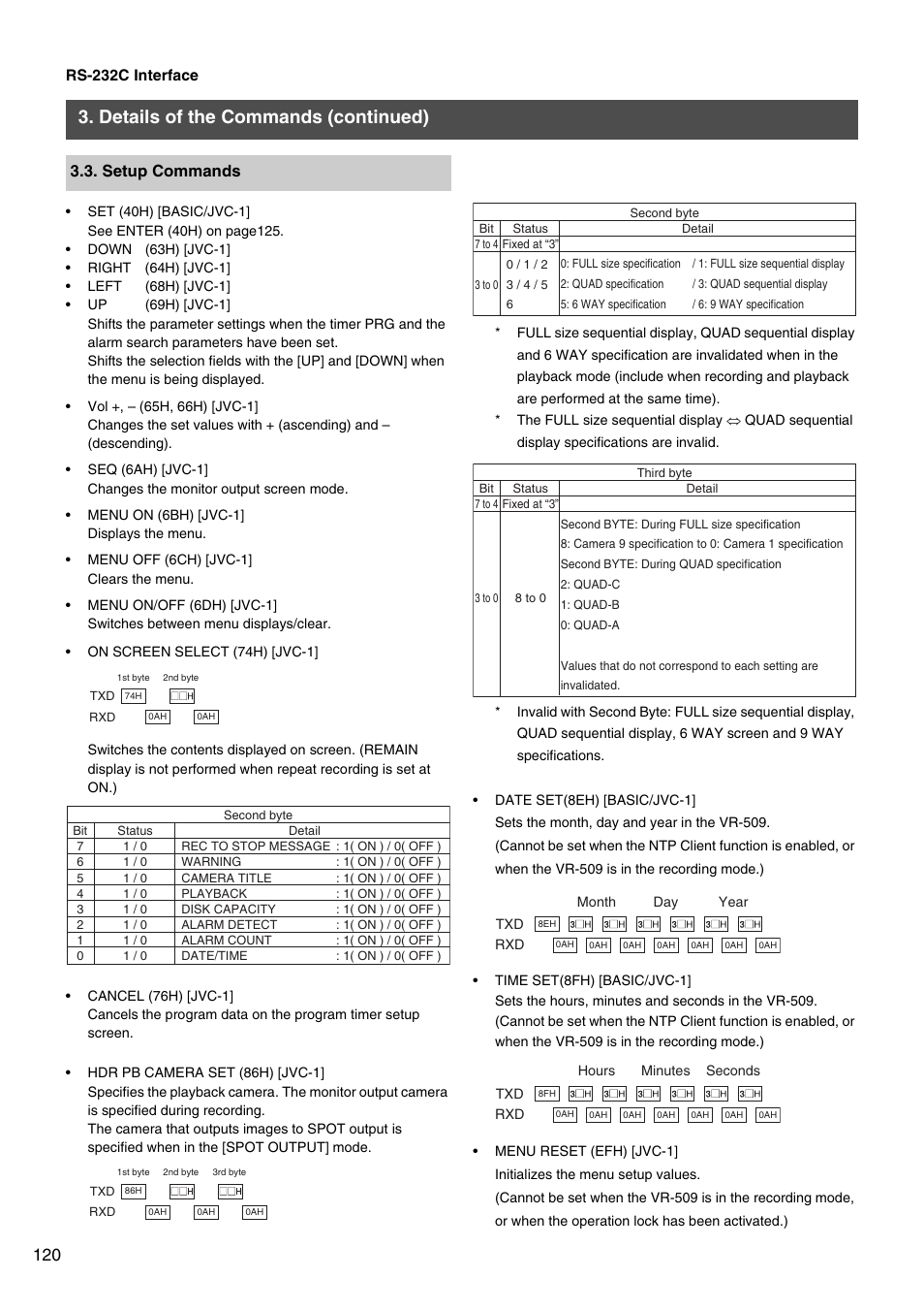 Details of the commands (continued), Setup commands | JVC VR-509E User Manual | Page 120 / 128