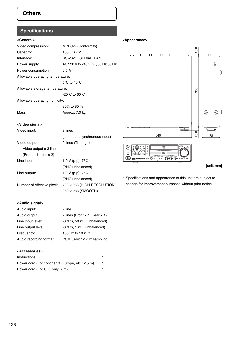 Others, Specifications | JVC VR-509E User Manual | Page 126 / 128