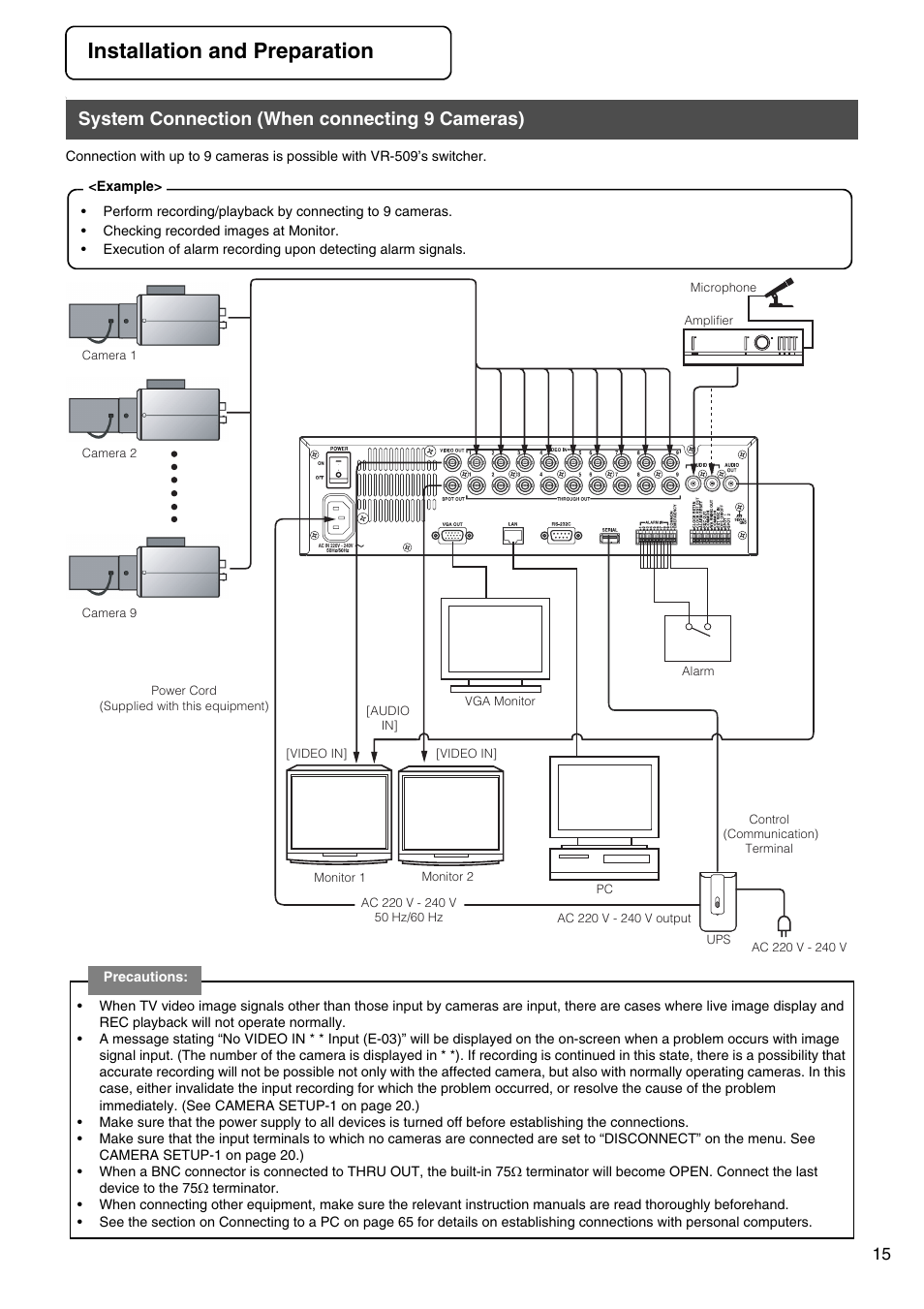 Installation and preparation, System connection (when connecting 9 cameras) | JVC VR-509E User Manual | Page 15 / 128