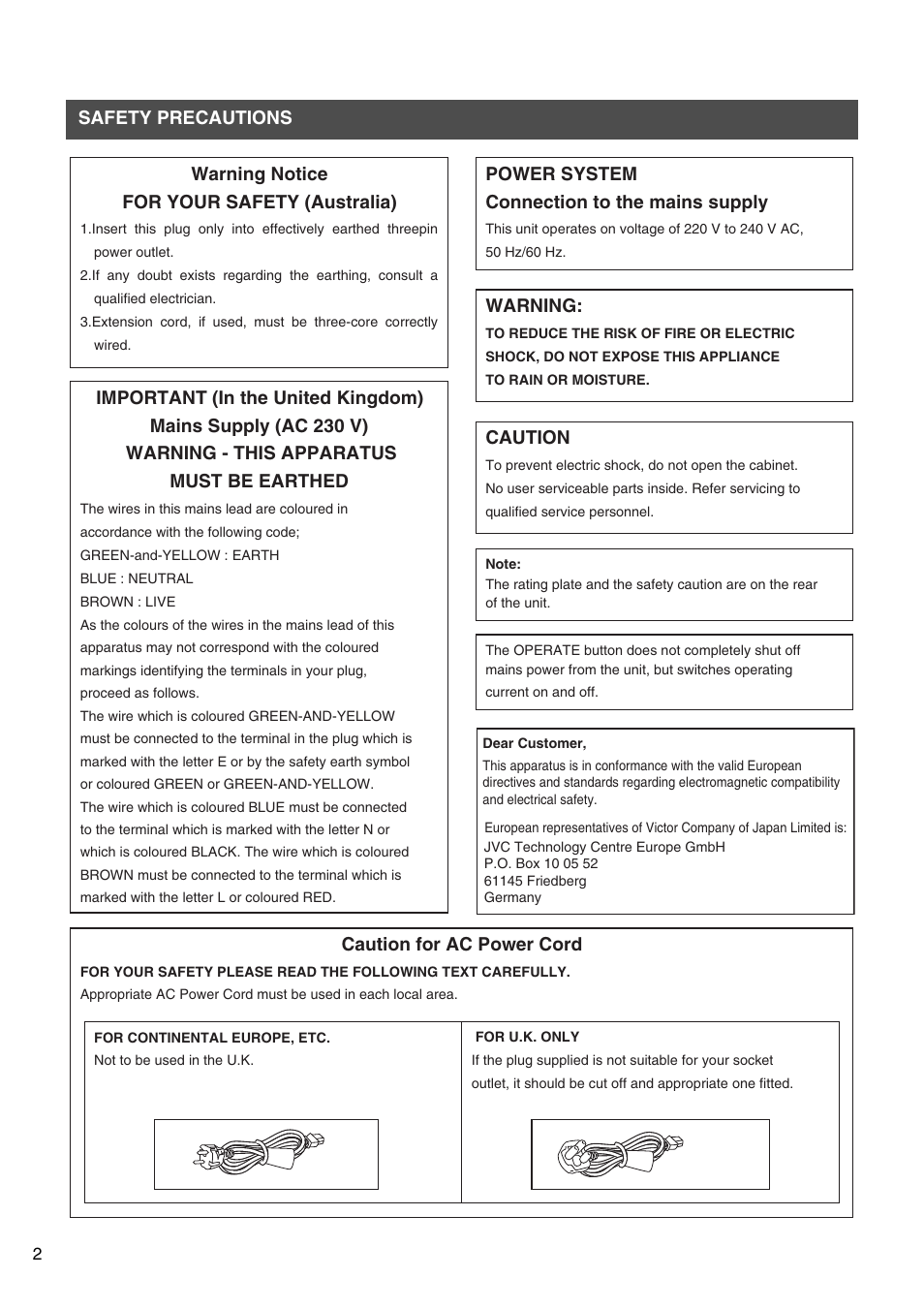 Safety precautions, Warning notice for your safety (australia), Caution for ac power cord | Power system connection to the mains supply, Warning, Caution | JVC VR-509E User Manual | Page 2 / 128