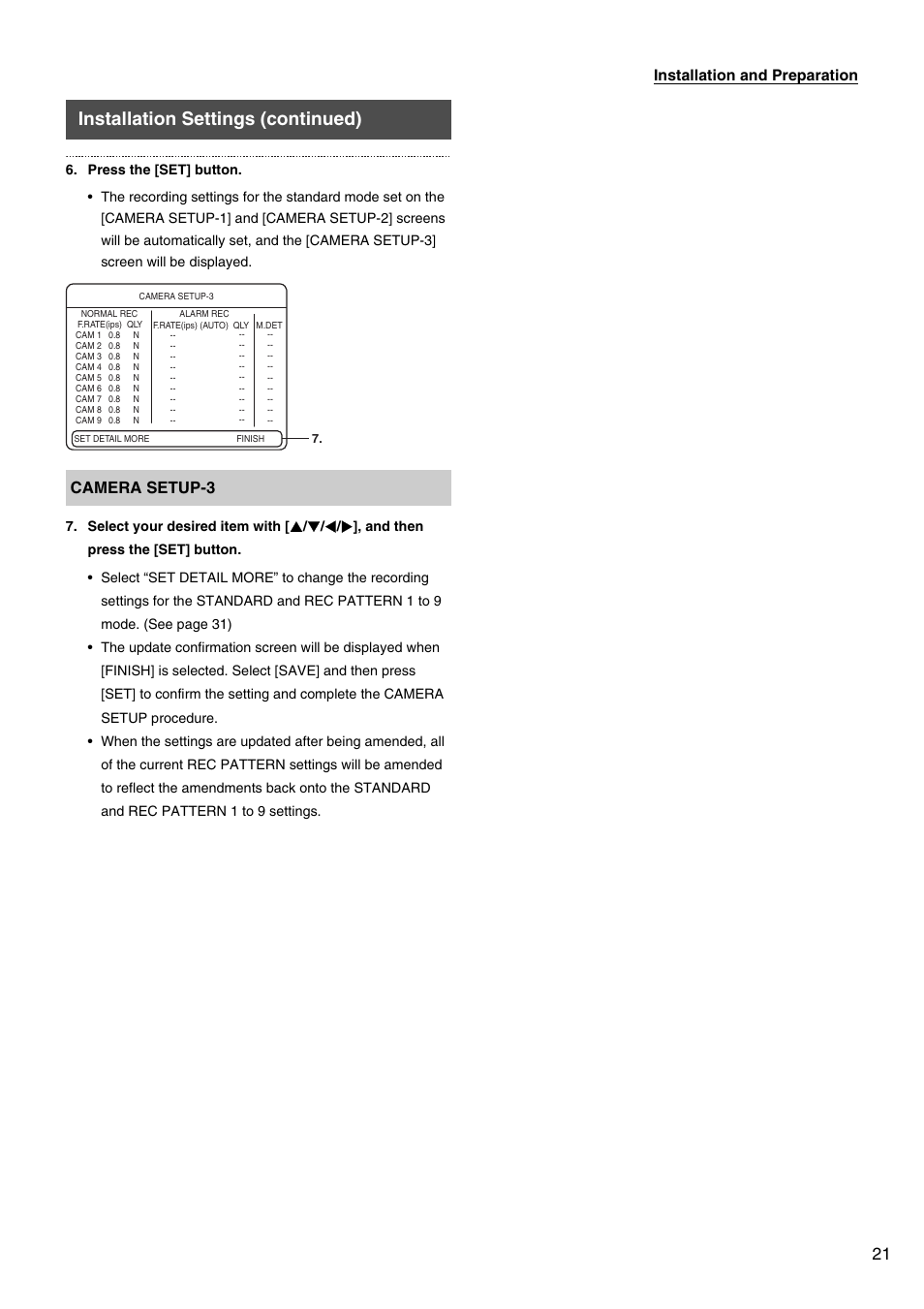 Installation settings (continued), Camera setup-3 | JVC VR-509E User Manual | Page 21 / 128