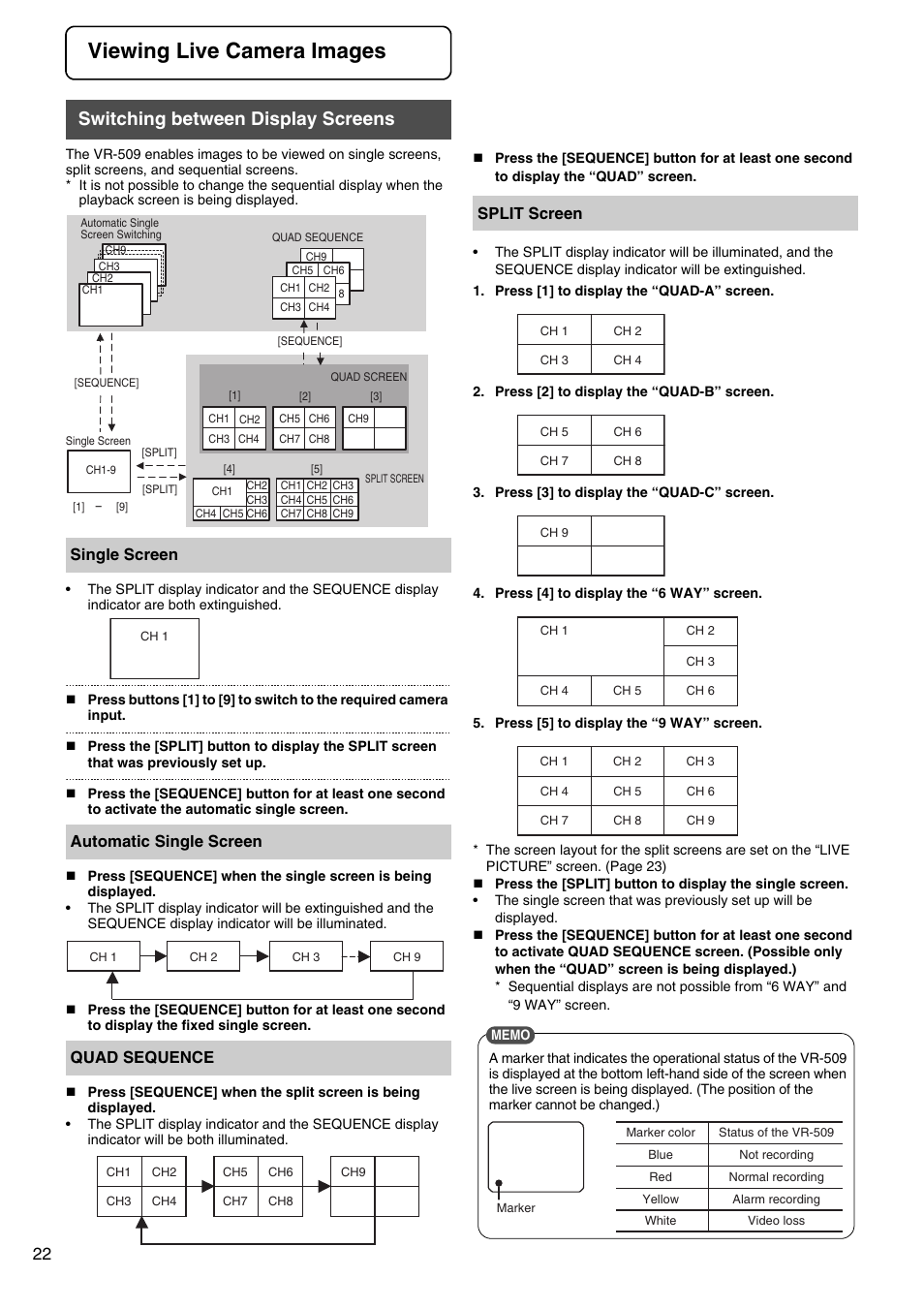 Viewing live camera images, Switching between display screens | JVC VR-509E User Manual | Page 22 / 128