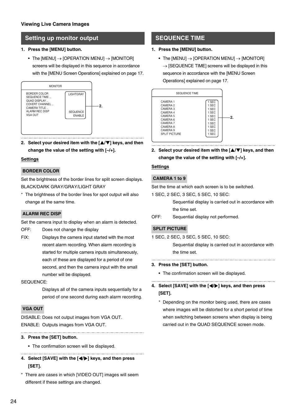 Setting up monitor output, Sequence time | JVC VR-509E User Manual | Page 24 / 128