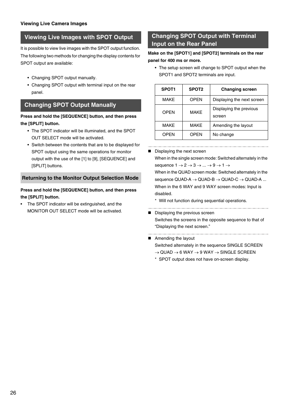 Viewing live images with spot output, Changing spot output manually, Changing spot output with terminal input on | The rear panel | JVC VR-509E User Manual | Page 26 / 128