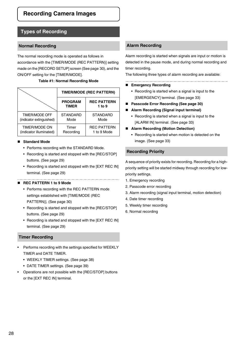 Recording camera images, Types of recording | JVC VR-509E User Manual | Page 28 / 128