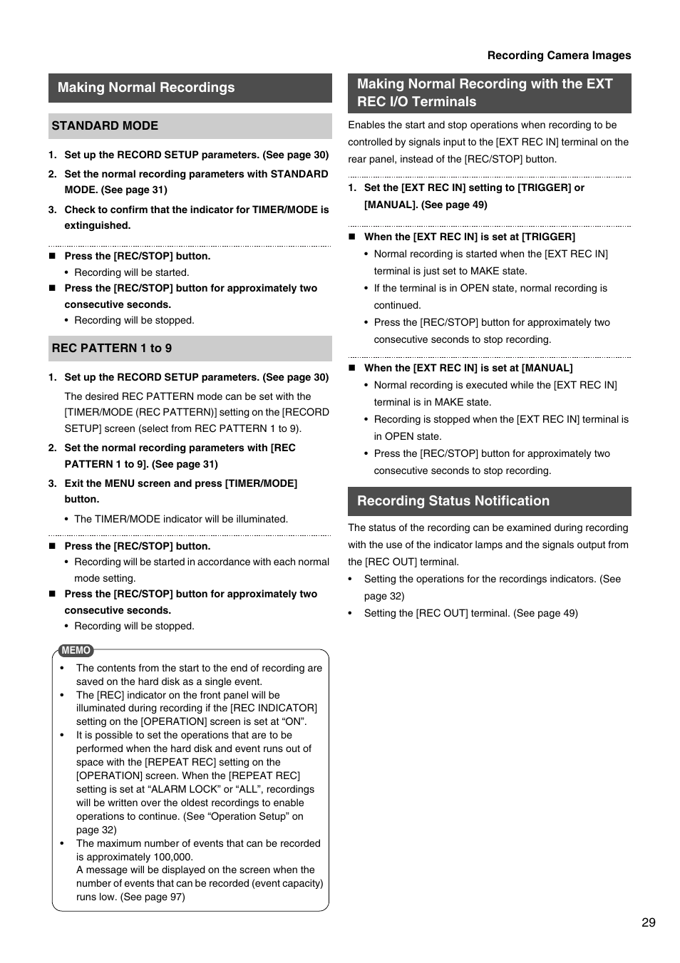 Making normal recordings, Recording status notification, Making normal recording with the ext rec i/o | Terminals | JVC VR-509E User Manual | Page 29 / 128