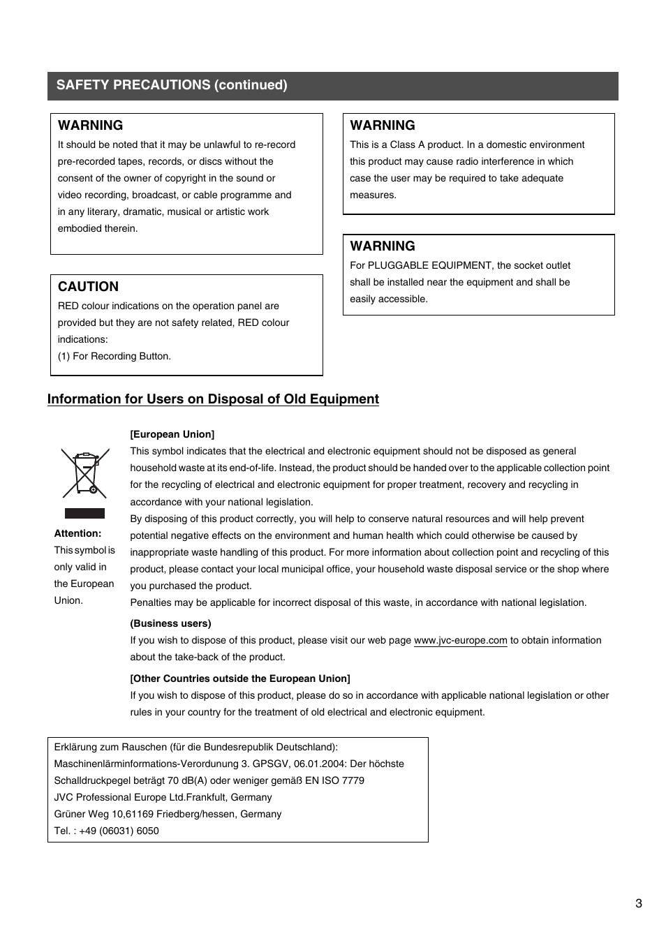 Caution, Warning | JVC VR-509E User Manual | Page 3 / 128