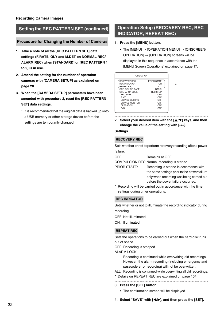 Operation setup, Recovery rec, rec indicator, repeat rec), Setting the rec pattern set (continued) | JVC VR-509E User Manual | Page 32 / 128