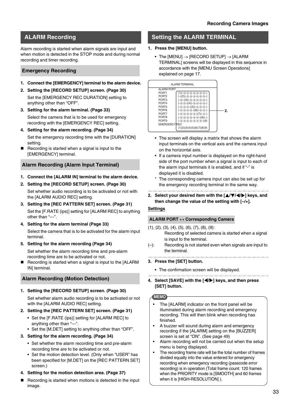 Alarm recording, Setting the alarm terminal | JVC VR-509E User Manual | Page 33 / 128