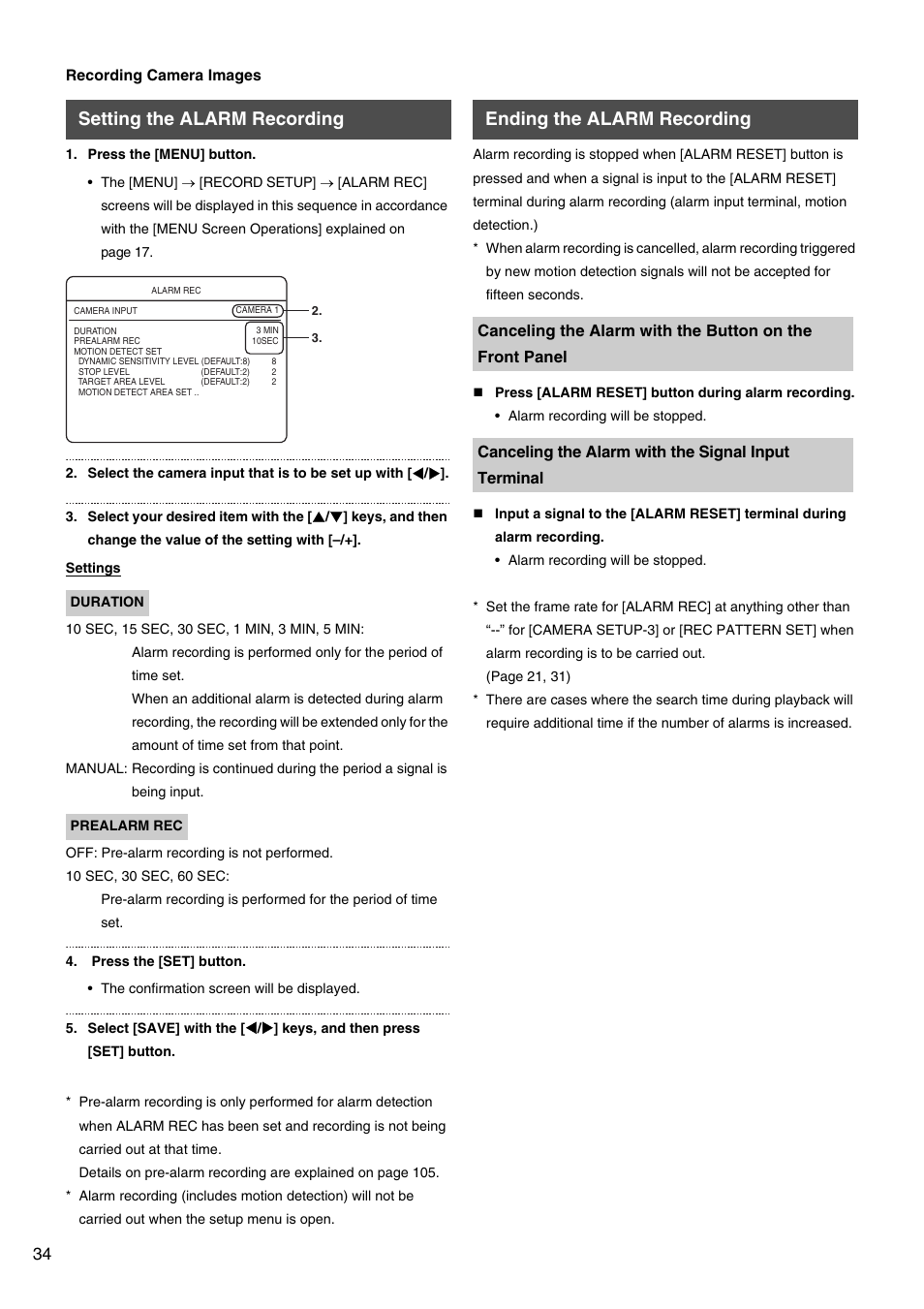 Setting the alarm recording, Ending the alarm recording | JVC VR-509E User Manual | Page 34 / 128