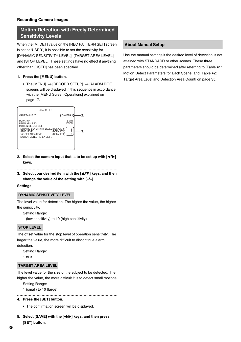 Motion detection with freely determined, Sensitivity levels | JVC VR-509E User Manual | Page 36 / 128