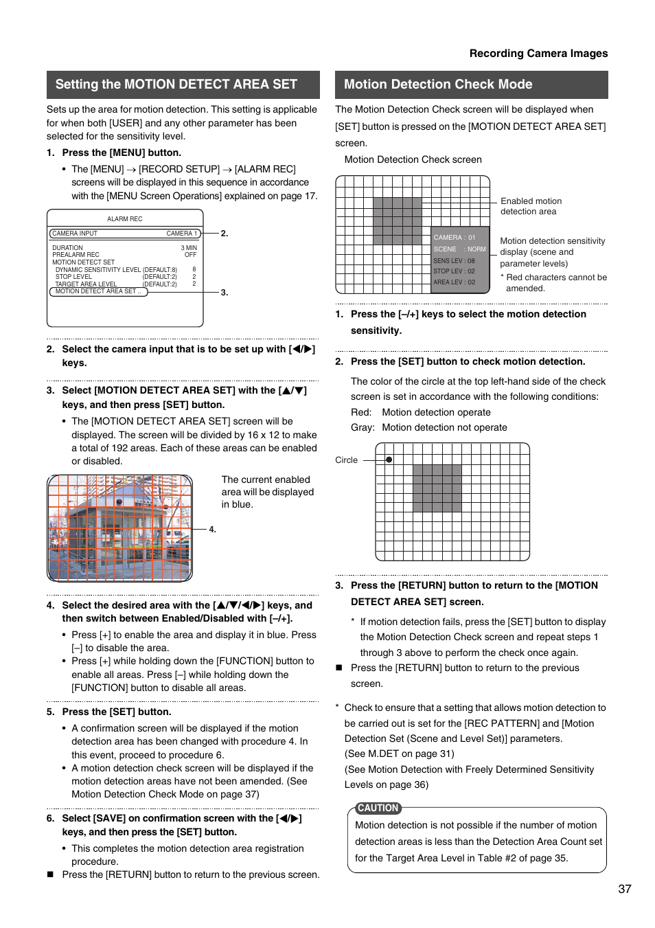 Setting the motion detect area set, Motion detection check mode | JVC VR-509E User Manual | Page 37 / 128