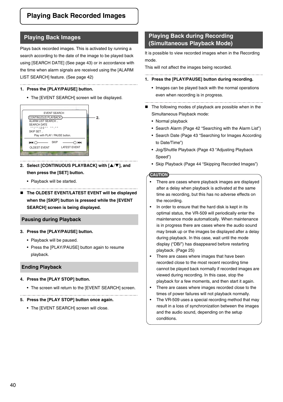 Playing back recorded images, Playing back images, Playing back during recording | Simultaneous playback mode) | JVC VR-509E User Manual | Page 40 / 128