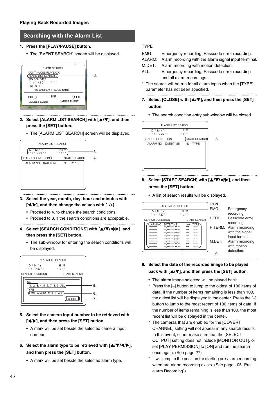 Searching with the alarm list | JVC VR-509E User Manual | Page 42 / 128