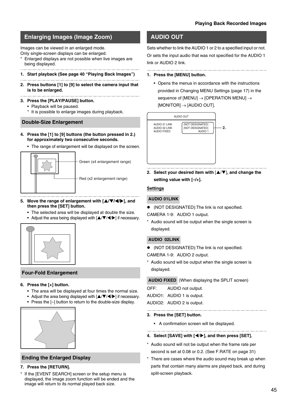 Enlarging images (image zoom), Audio out | JVC VR-509E User Manual | Page 45 / 128