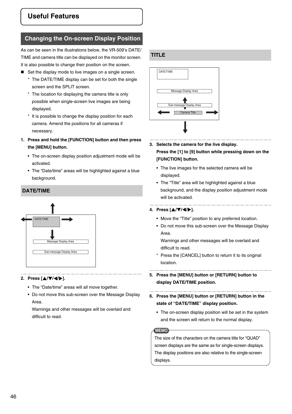 Useful features, Changing the on-screen display position | JVC VR-509E User Manual | Page 46 / 128