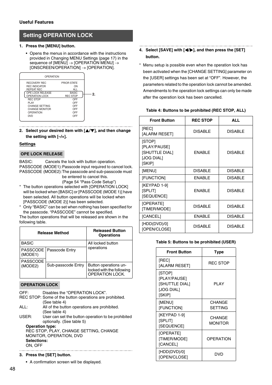 Setting operation lock | JVC VR-509E User Manual | Page 48 / 128