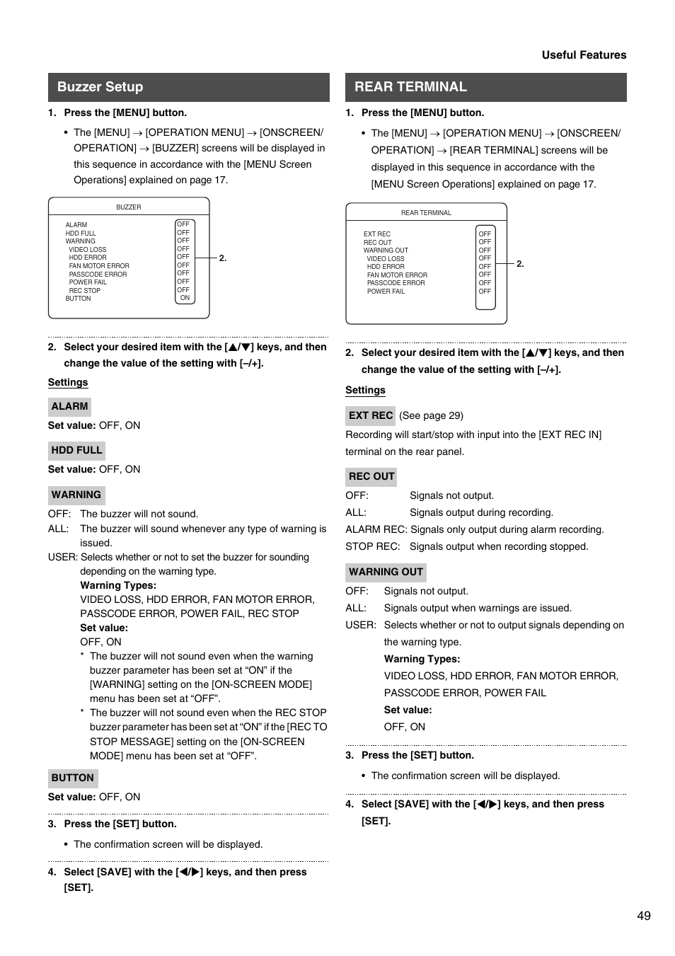 Buzzer setup, Rear terminal | JVC VR-509E User Manual | Page 49 / 128