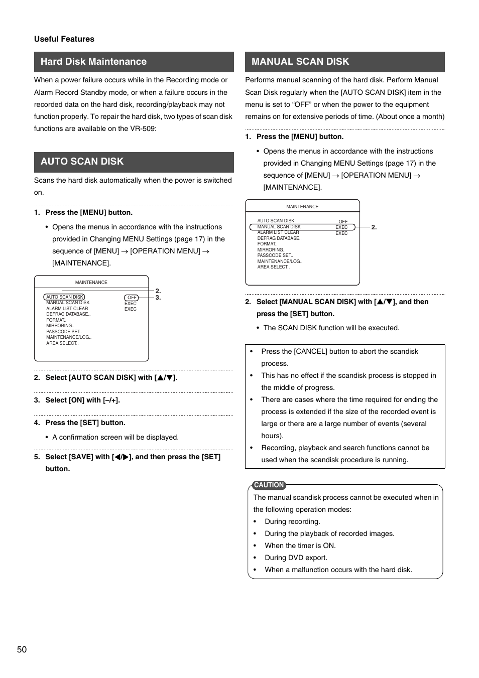 Hard disk maintenance, Auto scan disk, Manual scan disk | Hard disk maintenance auto scan disk | JVC VR-509E User Manual | Page 50 / 128