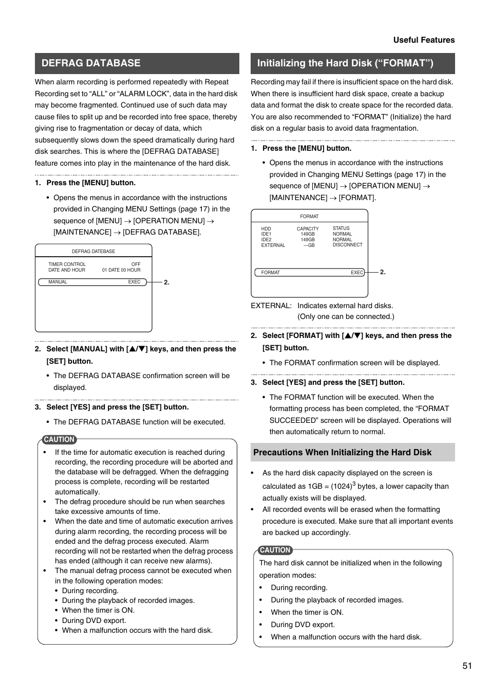 Defrag database, Initializing the hard disk (“format”) | JVC VR-509E User Manual | Page 51 / 128