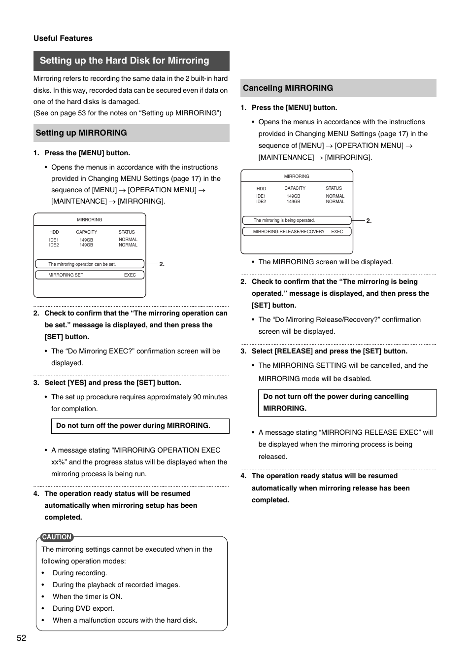 Setting up the hard disk for mirroring | JVC VR-509E User Manual | Page 52 / 128