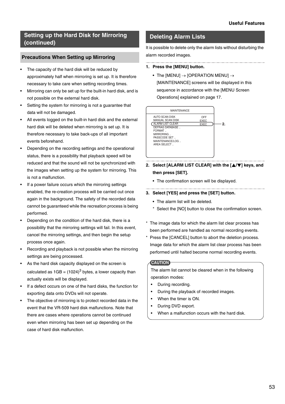 Deleting alarm lists, Setting up the hard disk for mirroring (continued) | JVC VR-509E User Manual | Page 53 / 128