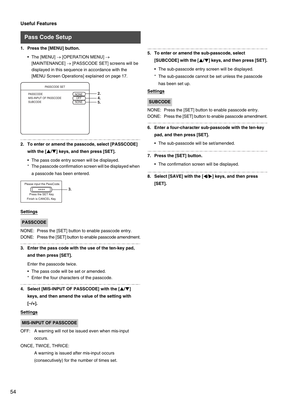 Pass code setup | JVC VR-509E User Manual | Page 54 / 128