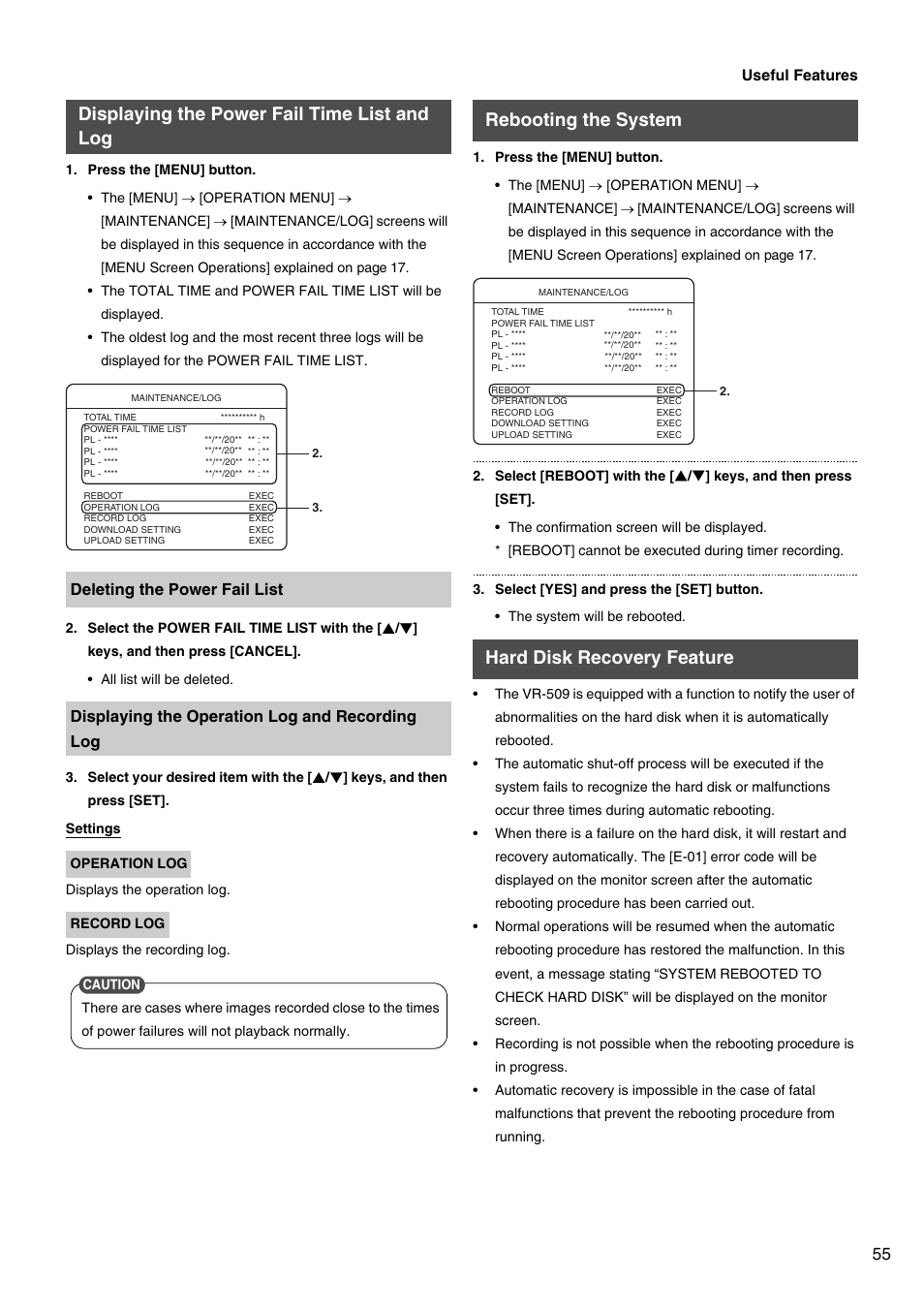 Displaying the power fail time list and log, Rebooting the system, Hard disk recovery feature | Rebooting the system hard disk recovery feature | JVC VR-509E User Manual | Page 55 / 128