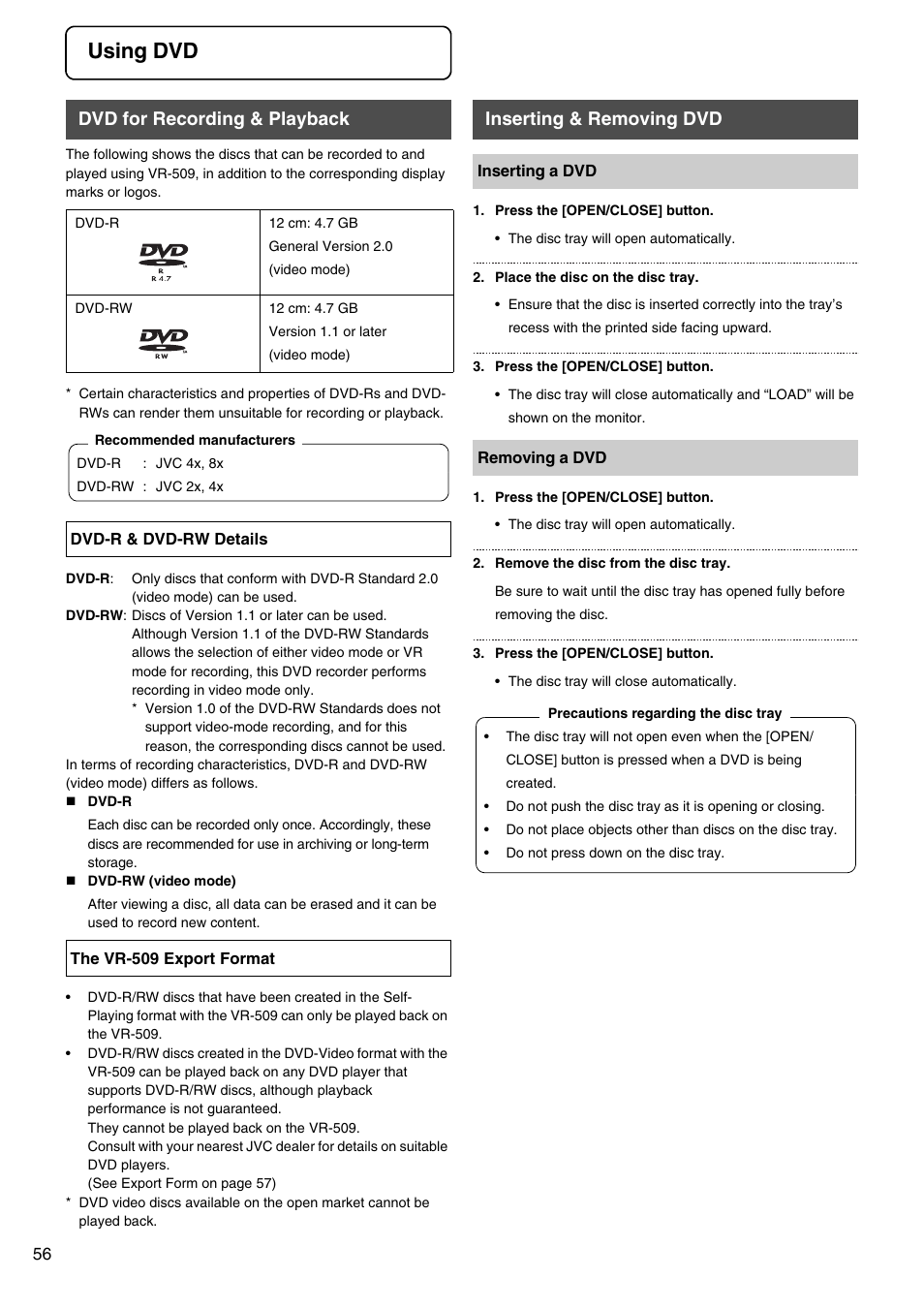 Using dvd, Dvd for recording & playback, Inserting & removing dvd | JVC VR-509E User Manual | Page 56 / 128