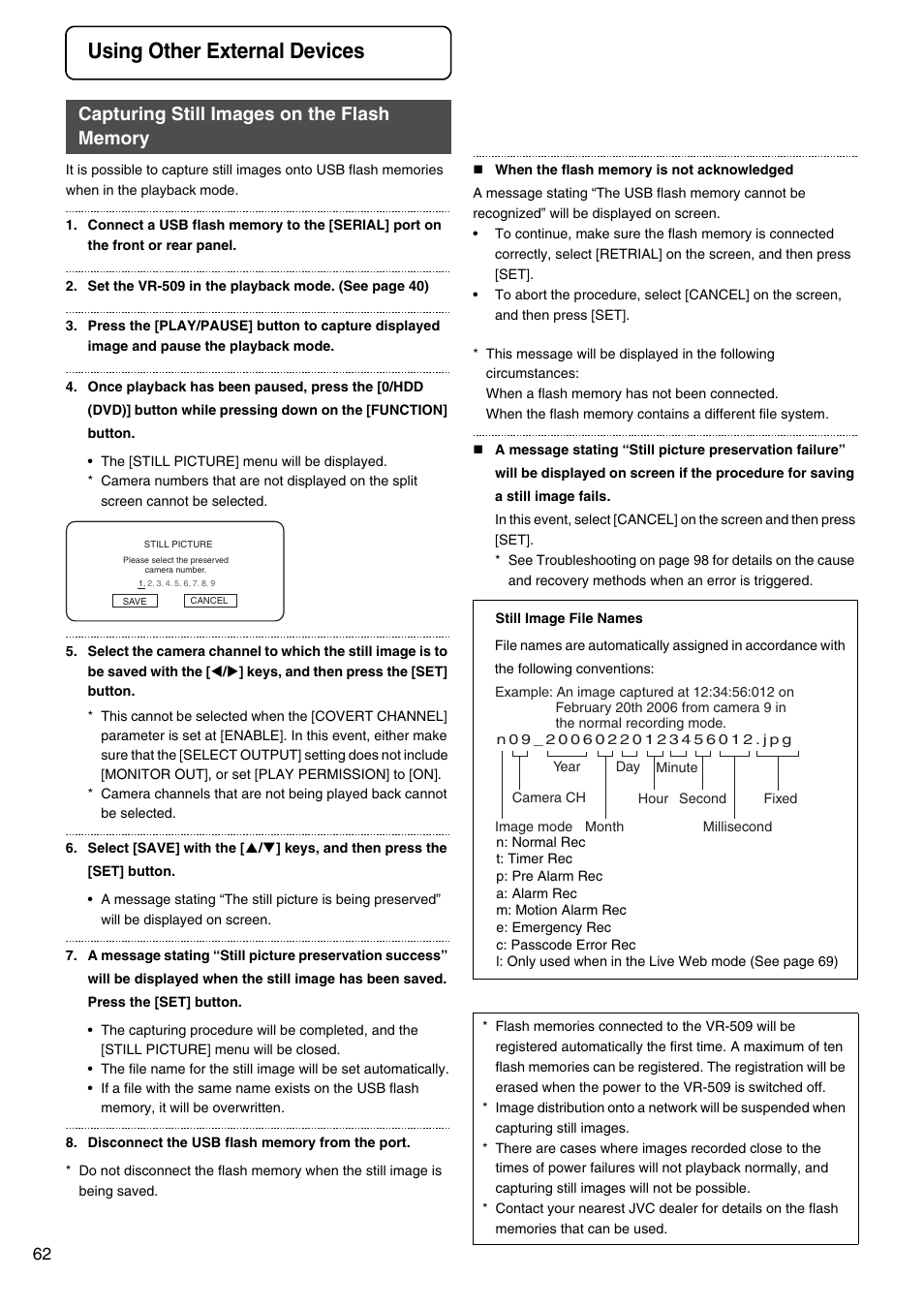 Using other external devices, Capturing still images on the flash memory | JVC VR-509E User Manual | Page 62 / 128